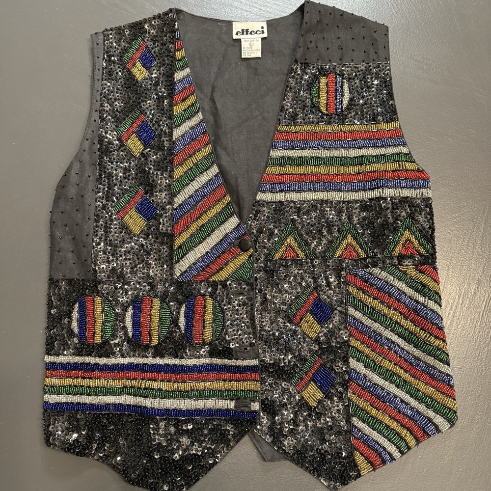 VTG 90s Effeci Heavily Beaded Vest Whimsigoth Artsy Hippie Boho Maximalist Large